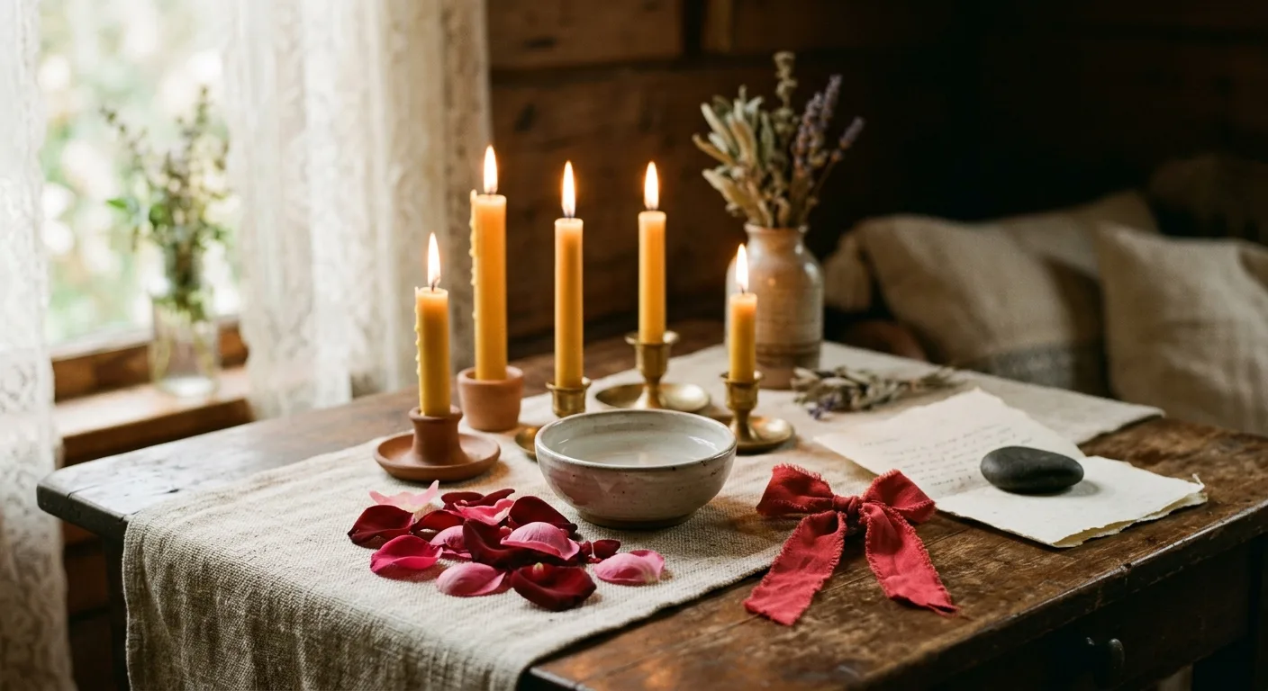 Altar simbolico con velas y objetos rituales en ambiente calido