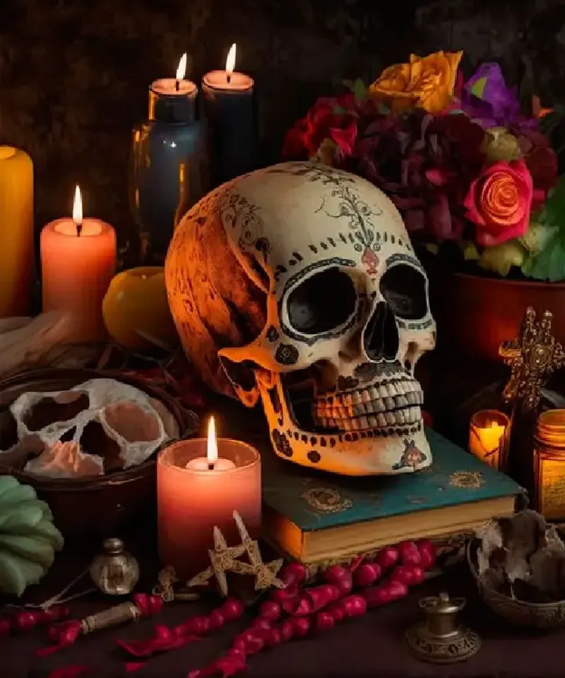 Cráneo decorado con velas y flores para consulta de brujería profunda