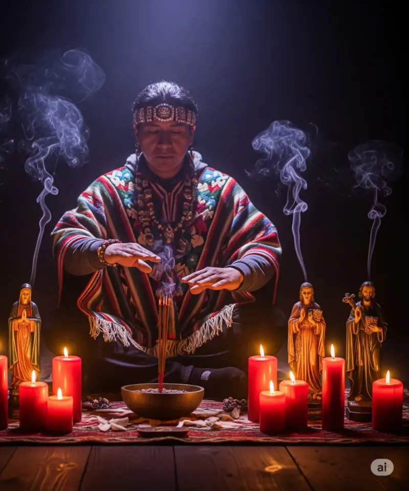 Hombre en ritual esotérico con incienso representando a los brujos de poder