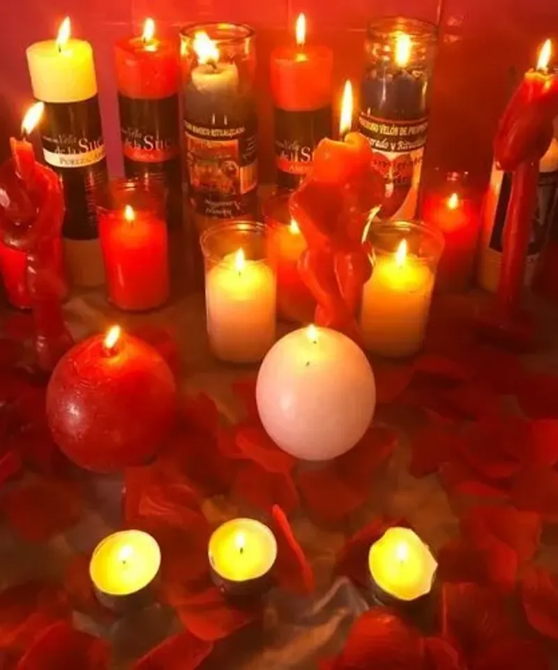 Velas rituales rojas y blancas para consulta espiritual
